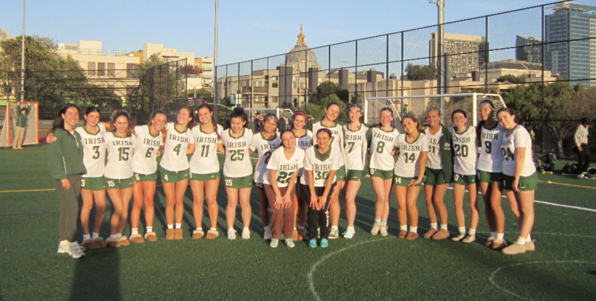 The girls lacrosse team huddled up in a team photo. (Provided by Tess Corvera ‘26)
